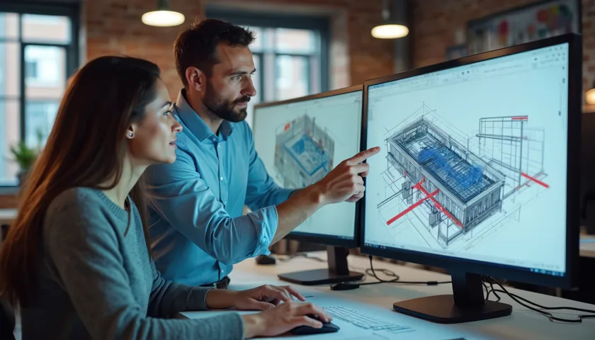 Engineers reviewing BIM design drawings at a project workstation
