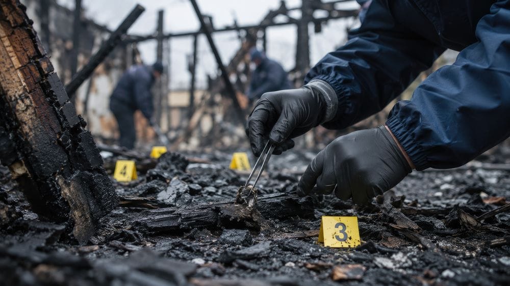Investigator in protective gloves lifting charred debris with tweezers beside numbered evidence markers at a fire scene